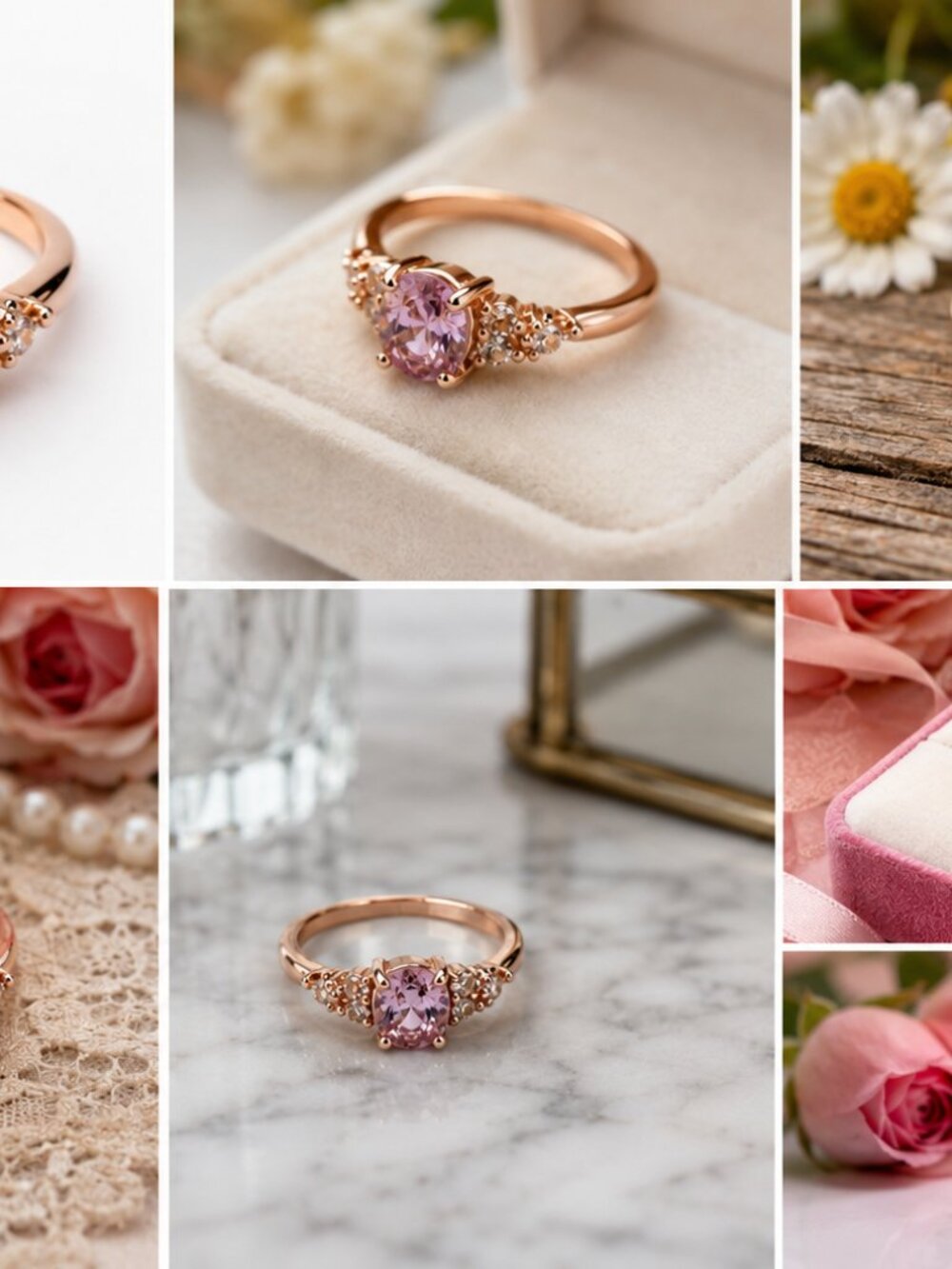 Ring-42--Rose Gold Pink CZ Solitaire Ring Size 7